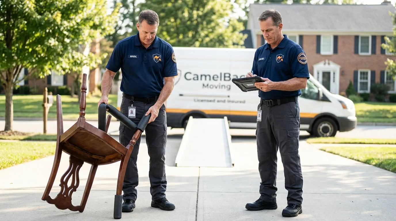 Movers inspecting furniture for damage prevention before loading in Sandown, NH