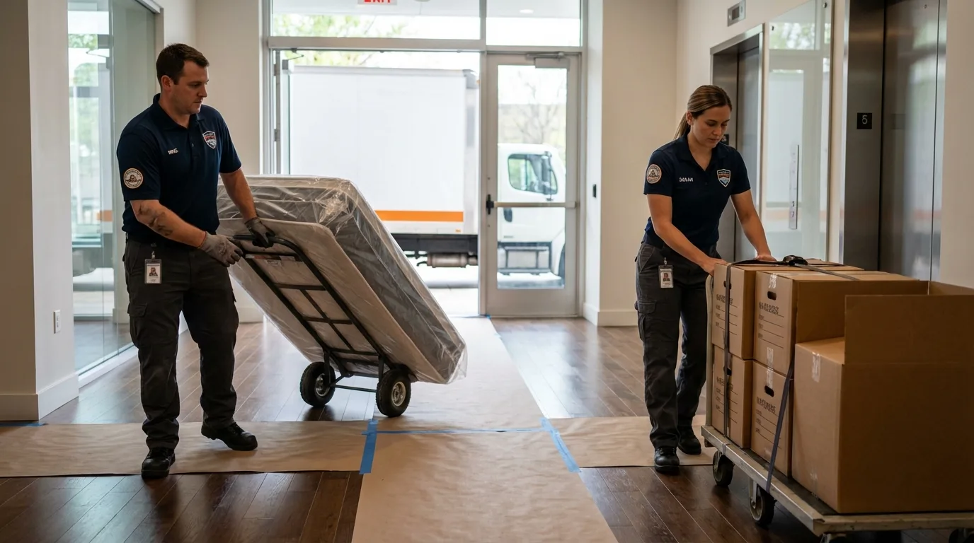 Professional apartment movers loading elevator in Sandown, NH