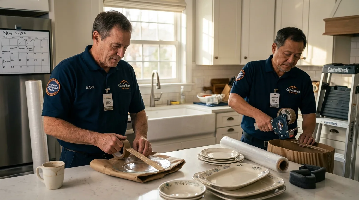 Professional crew packing kitchen dishware in Sandown, NH